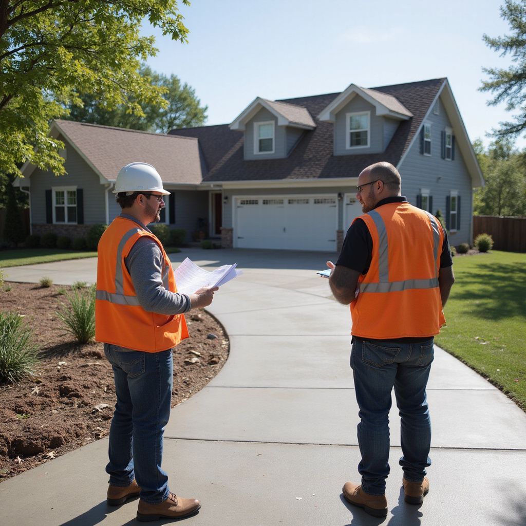 Two construction workers in orange vests review plans in front of a house.