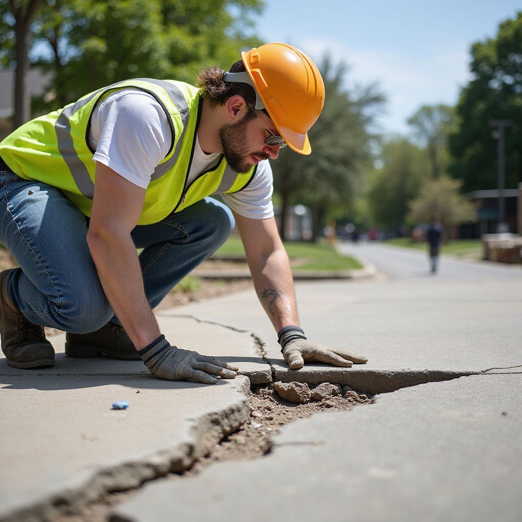 Construction worker inspecting a crack in the pavement. He wears a hard hat, vest, and gloves. Street in the background.
