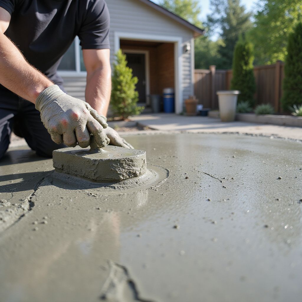 Person using a concrete float to smooth freshly poured concrete on a driveway.
