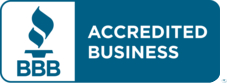 BBB Accredited Business logo, blue and white. Features a flame and the text BBB Accredited Business logo, blue and white. Features a flame and the text