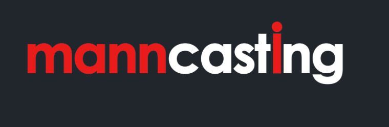 A logo for manncasting in red and white on a black background