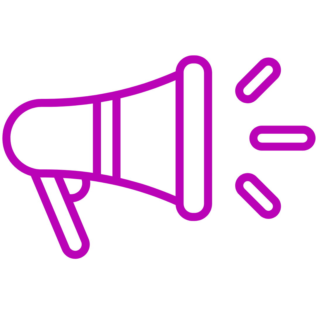 A purple icon of a megaphone on a white background.