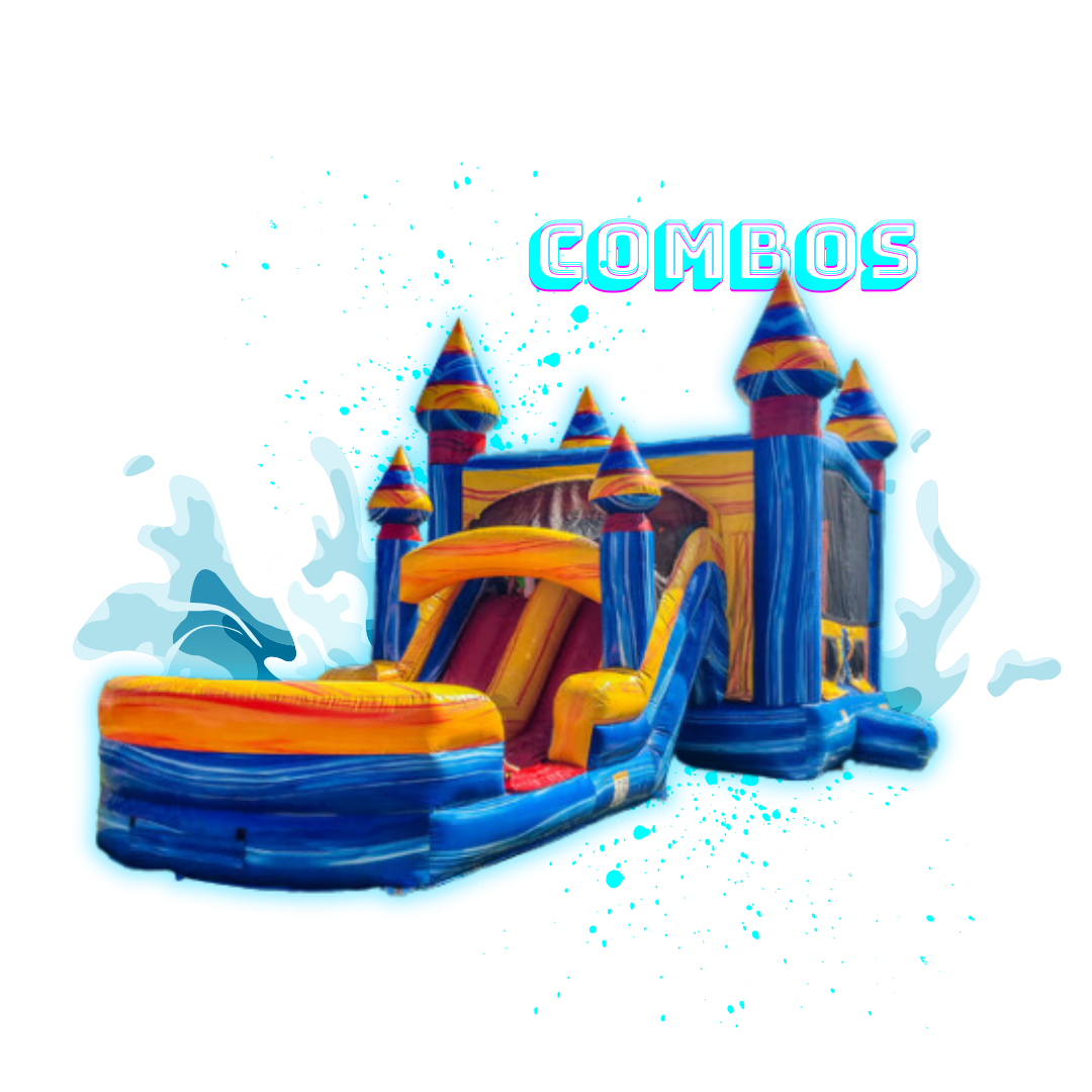 A blue and yellow bouncy castle with a water slide attached to it.