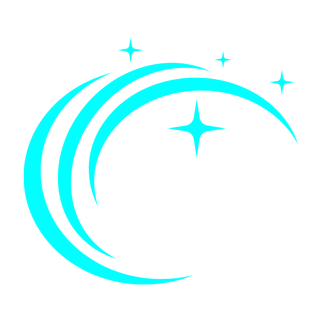 A blue crescent moon with stars around it on a white background.