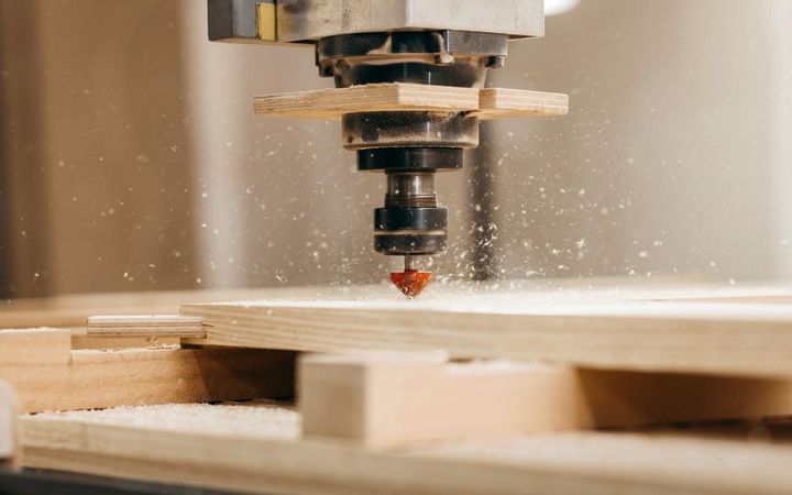 A machine is cutting a piece of wood in a factory.