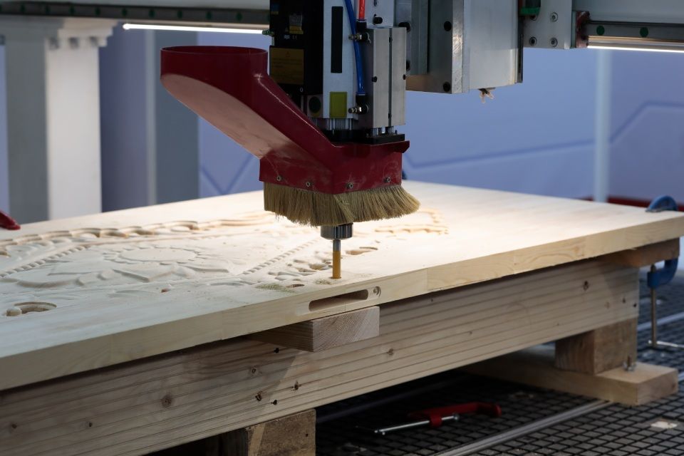 A machine is cutting a piece of wood on a table.