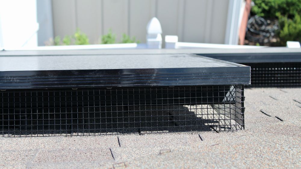 Solar panel with black wire mesh around the edges, installed on a rooftop — All-Clear Gutter Guard NQ in Cairns City, QLD