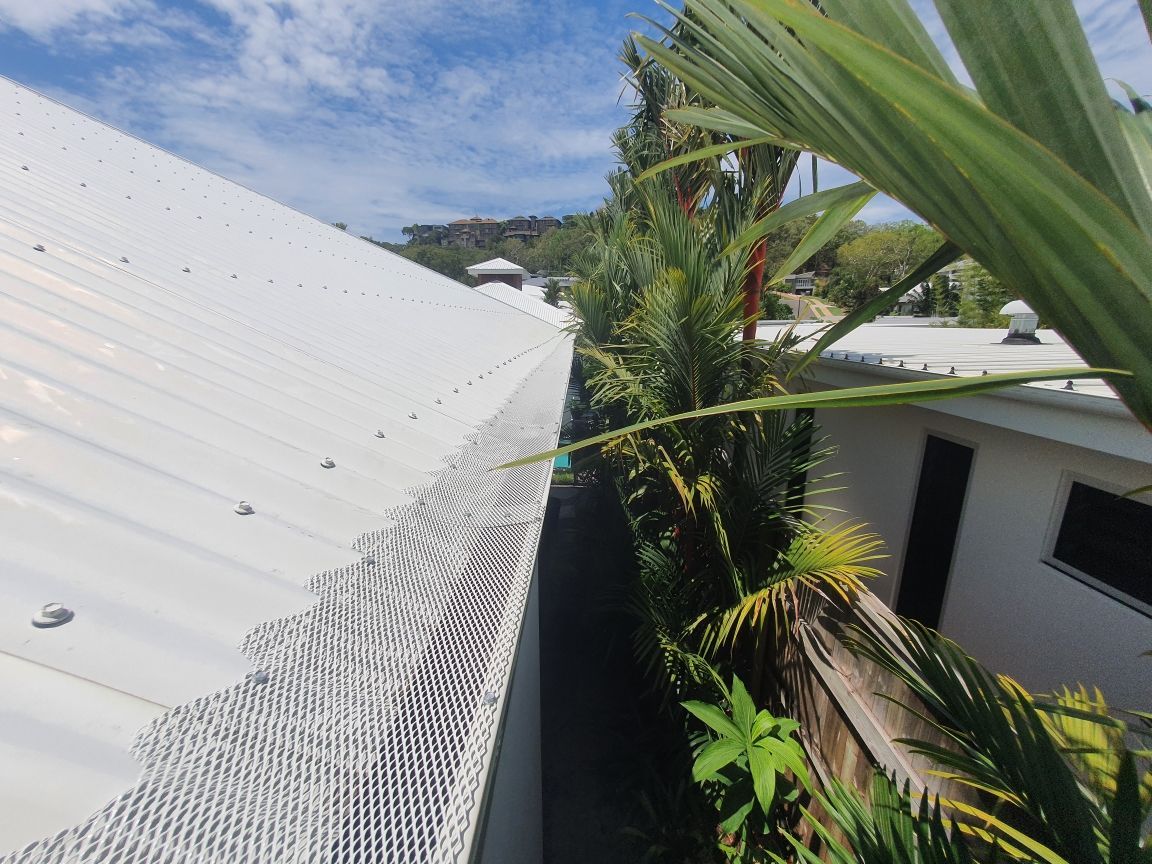 White Roof Gutter with Mesh Guard Next to A Tropical Garden — All-Clear Gutter Guard NQ in Malanda, QLD