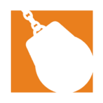 A computer mouse is chained to a chain in an orange square.
