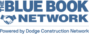 The blue book network logo is powered by dodge construction network
