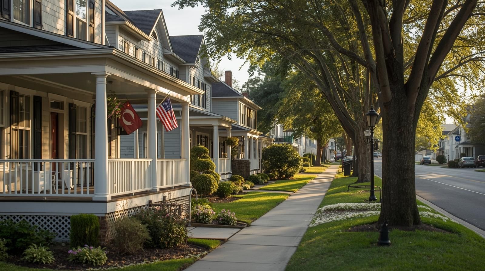 Tree-lined residential street in Lexington, NC with historic homes, front porches, and American flag