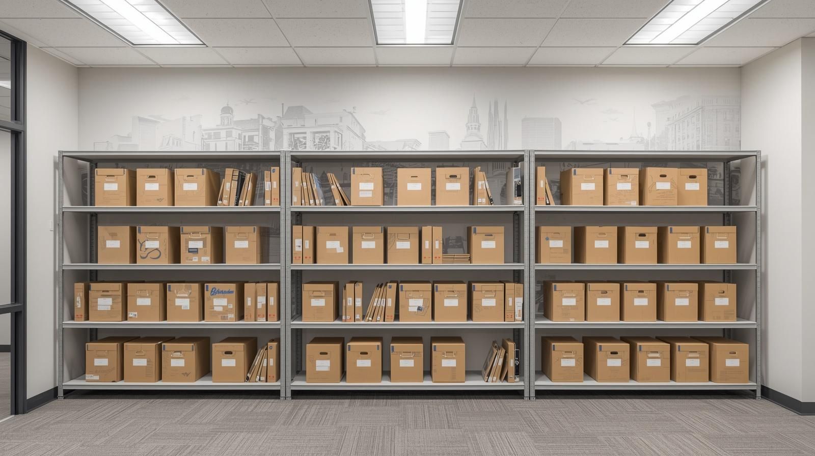 Office shelving filled with labeled storage boxes for business inventory and document storage