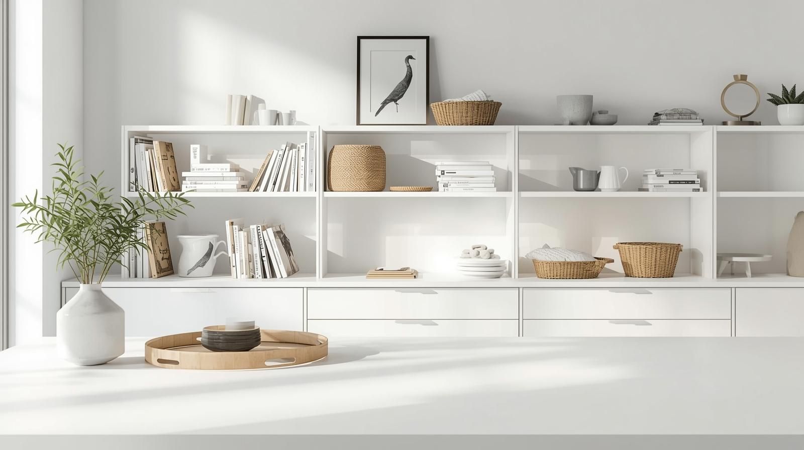 Bright, minimalist living space with white shelves, wicker baskets, books, and simple decor.