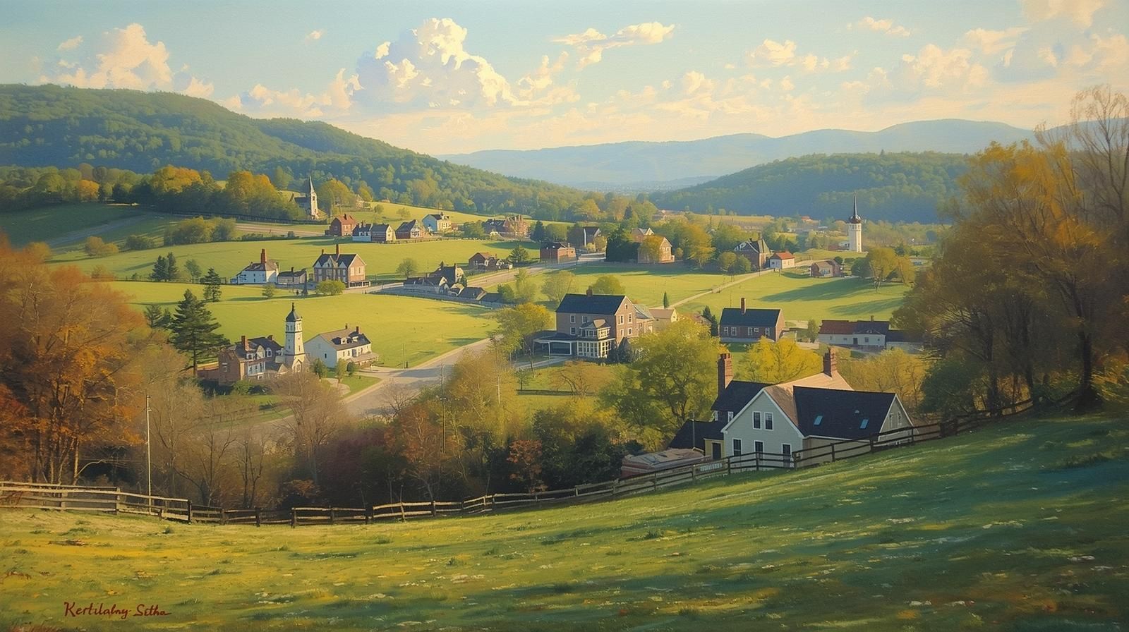 Scenic view of a quiet town with rolling hills and homes in Kernersville, NC.
