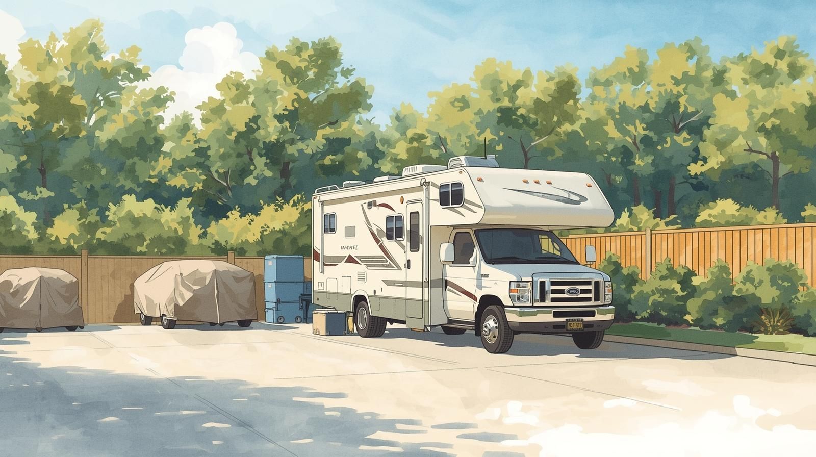 RV parked in an outdoor storage lot with covered vehicles nearby and trees in the background.
