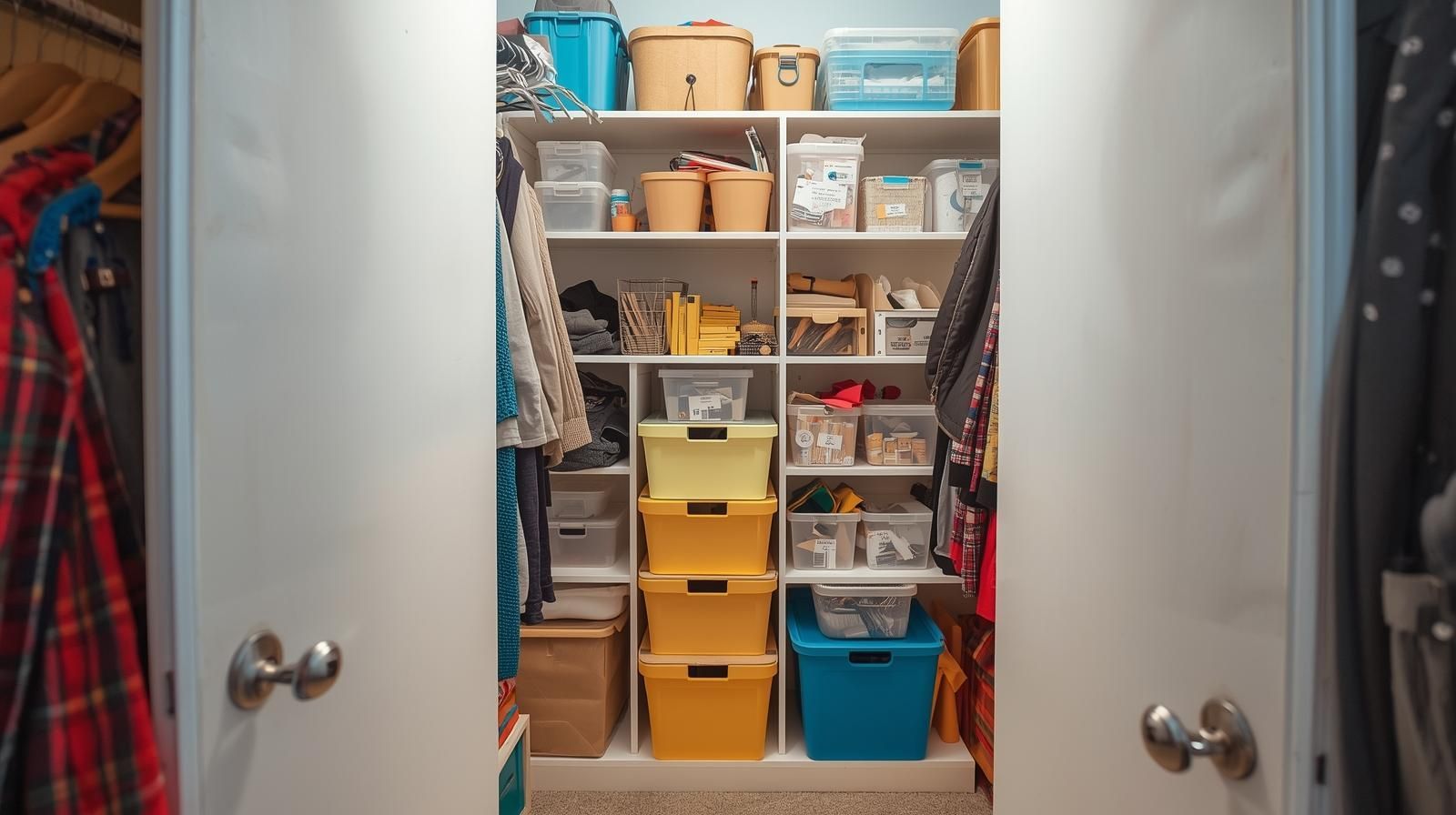 Organized closet with labeled storage bins and containers for student belongings.