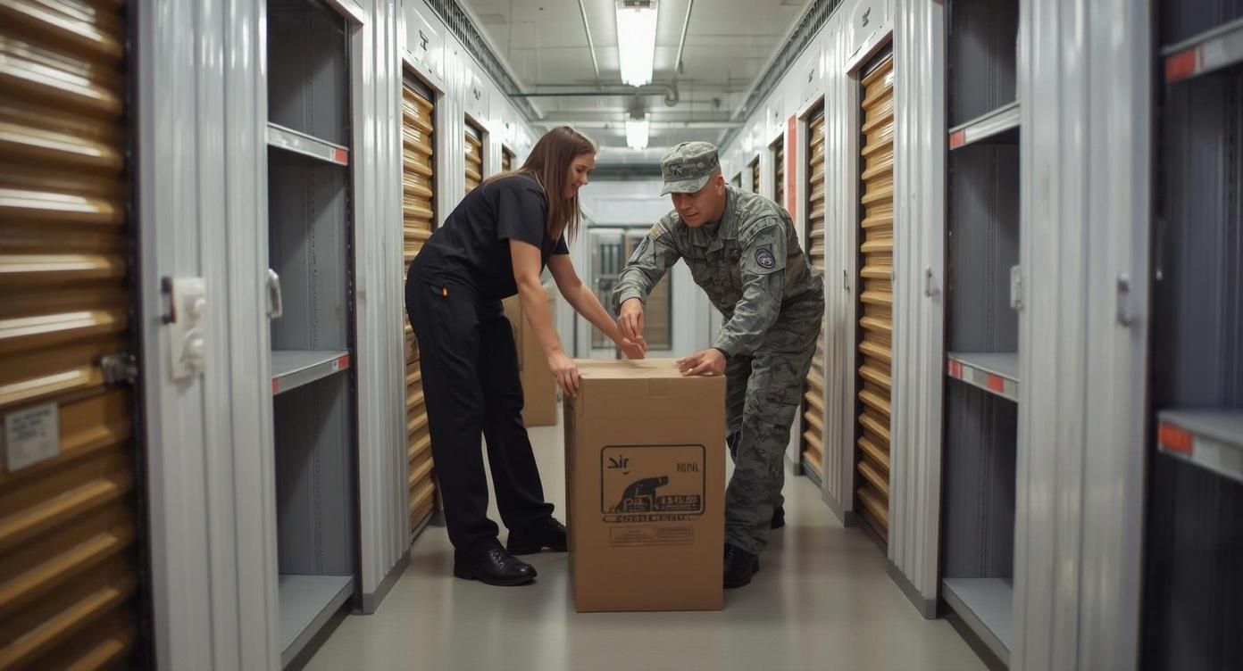 Military service member and spouse placing a box inside a self storage unit during a PCS move.