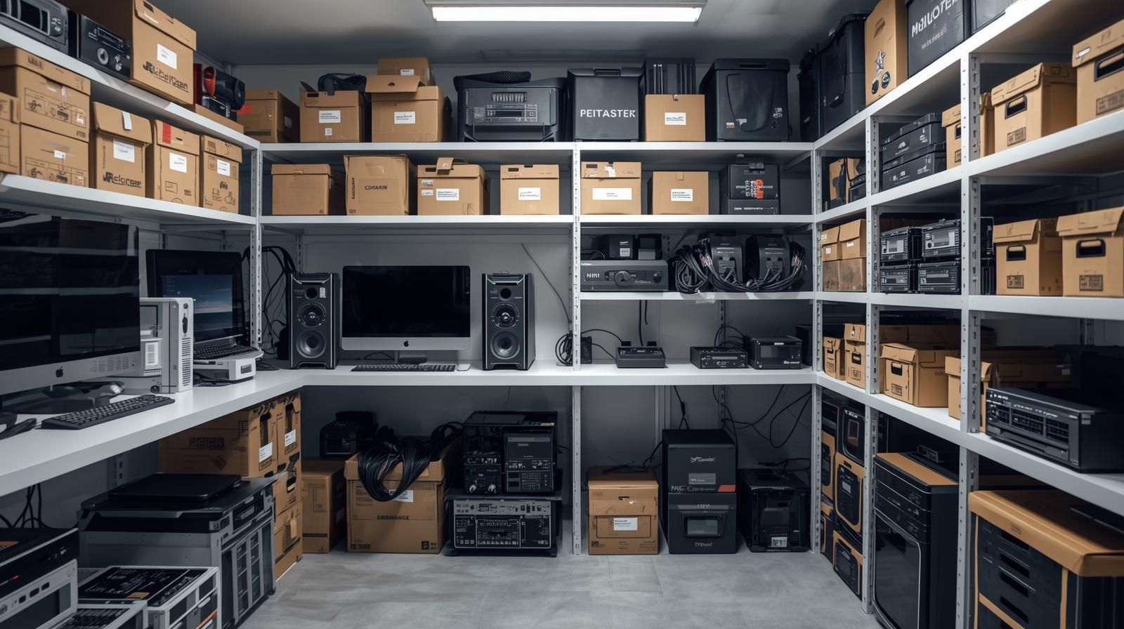 Neatly organized storage room with shelves holding boxed electronics, monitors, and audio equipment.