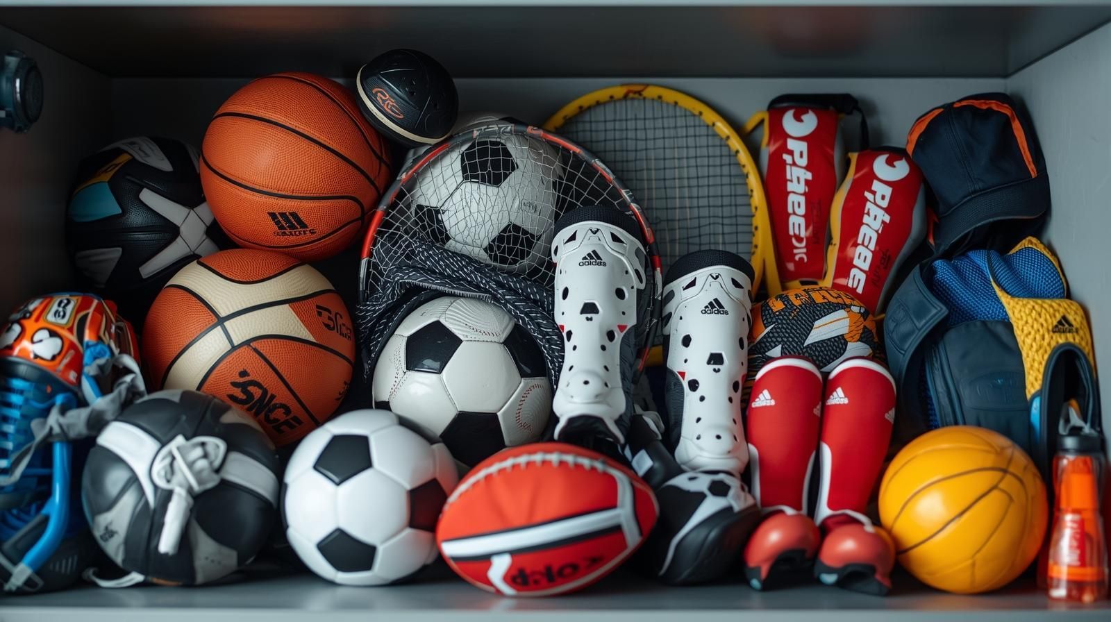 Shelf filled with assorted sports gear including balls, rackets, shin guards, and protective equipme