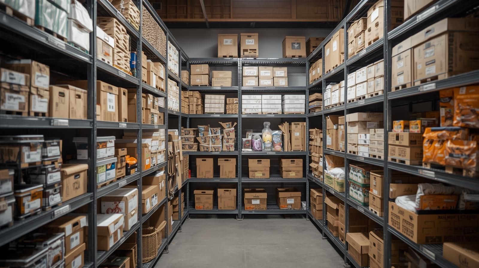 Storage shelves filled with boxed inventory inside a organized warehouse or business storage unit.