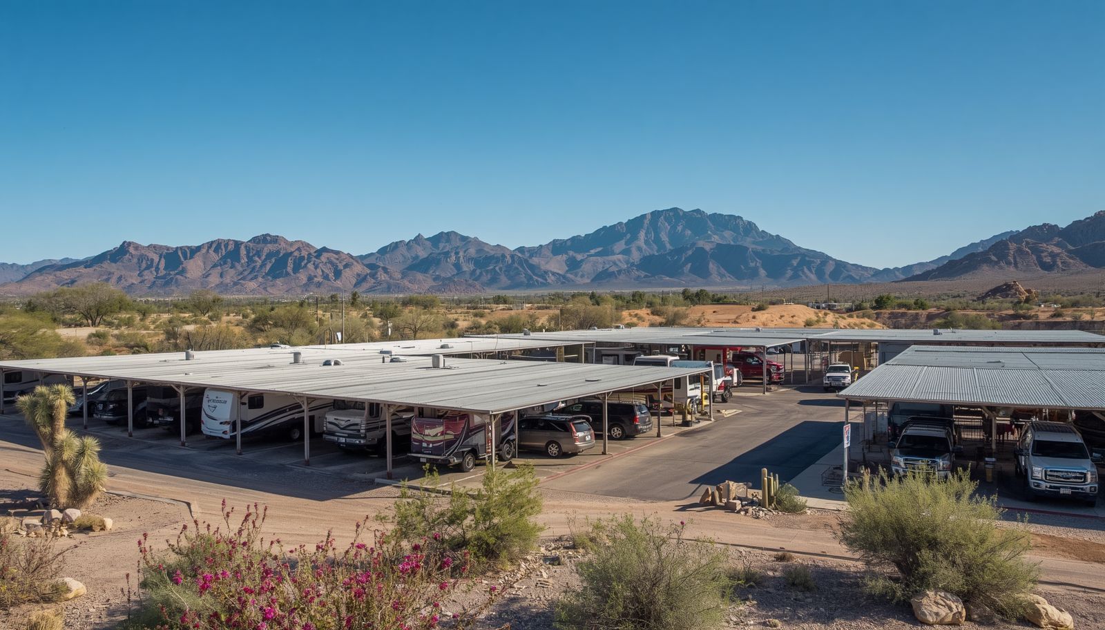 Covered RV and vehicle storage facility in Arizona desert landscape.