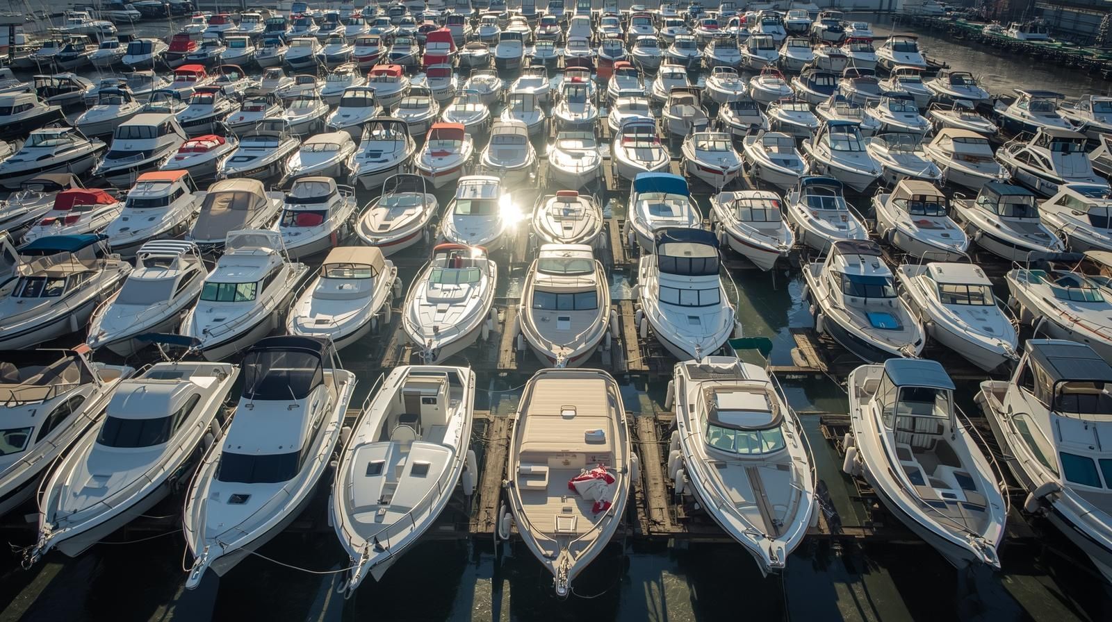Rows of boats docked in a marina, lined up closely for storage.