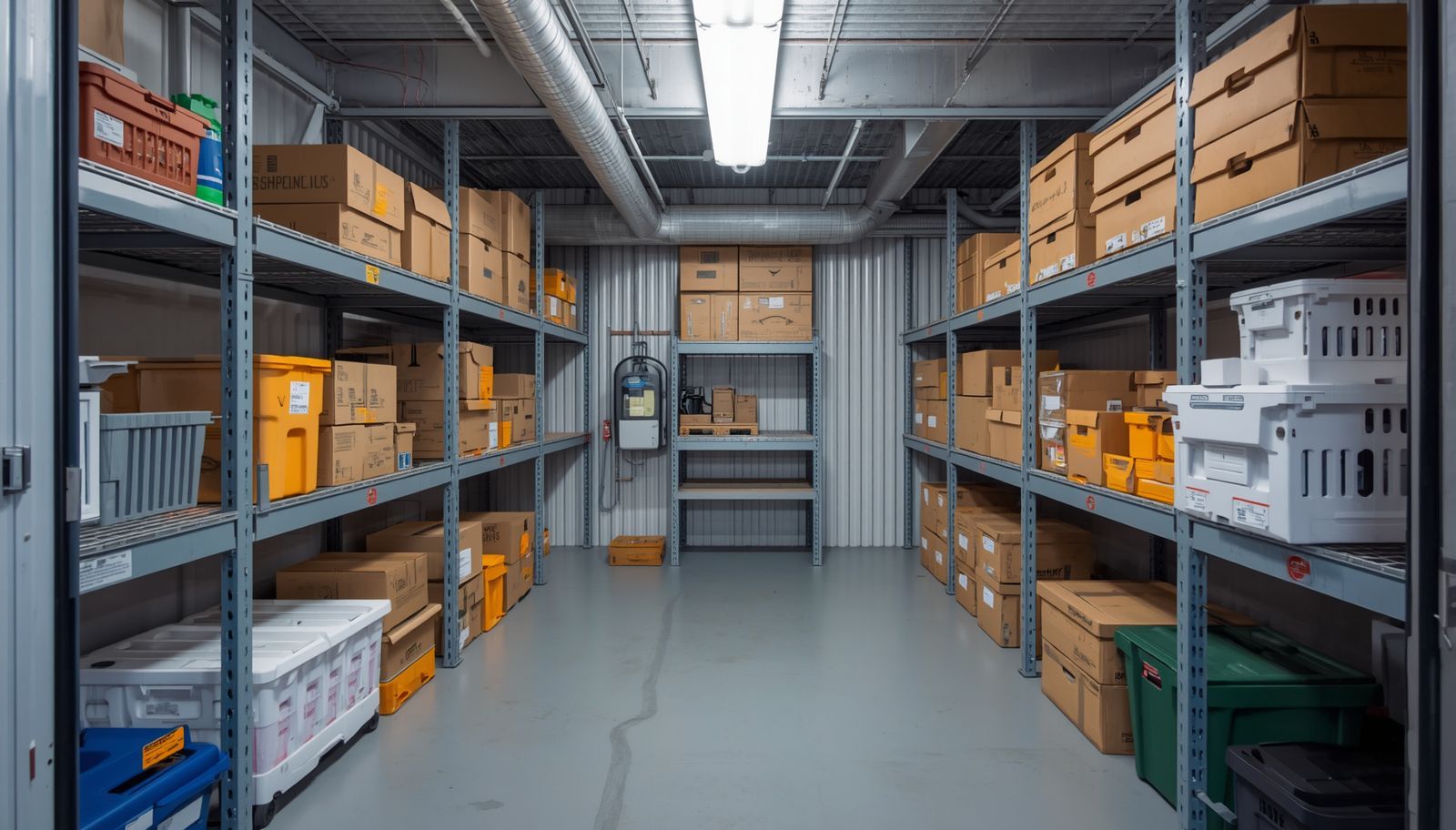 Organized climate-controlled storage unit with shelves and boxed belongings.
