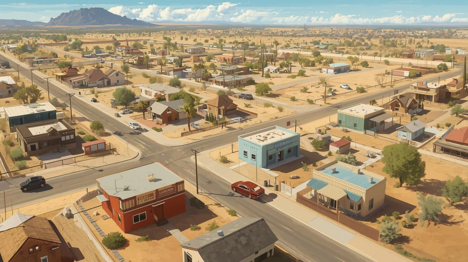 Small town view of Dewey, Arizona with desert landscape, homes, and surrounding mountains
