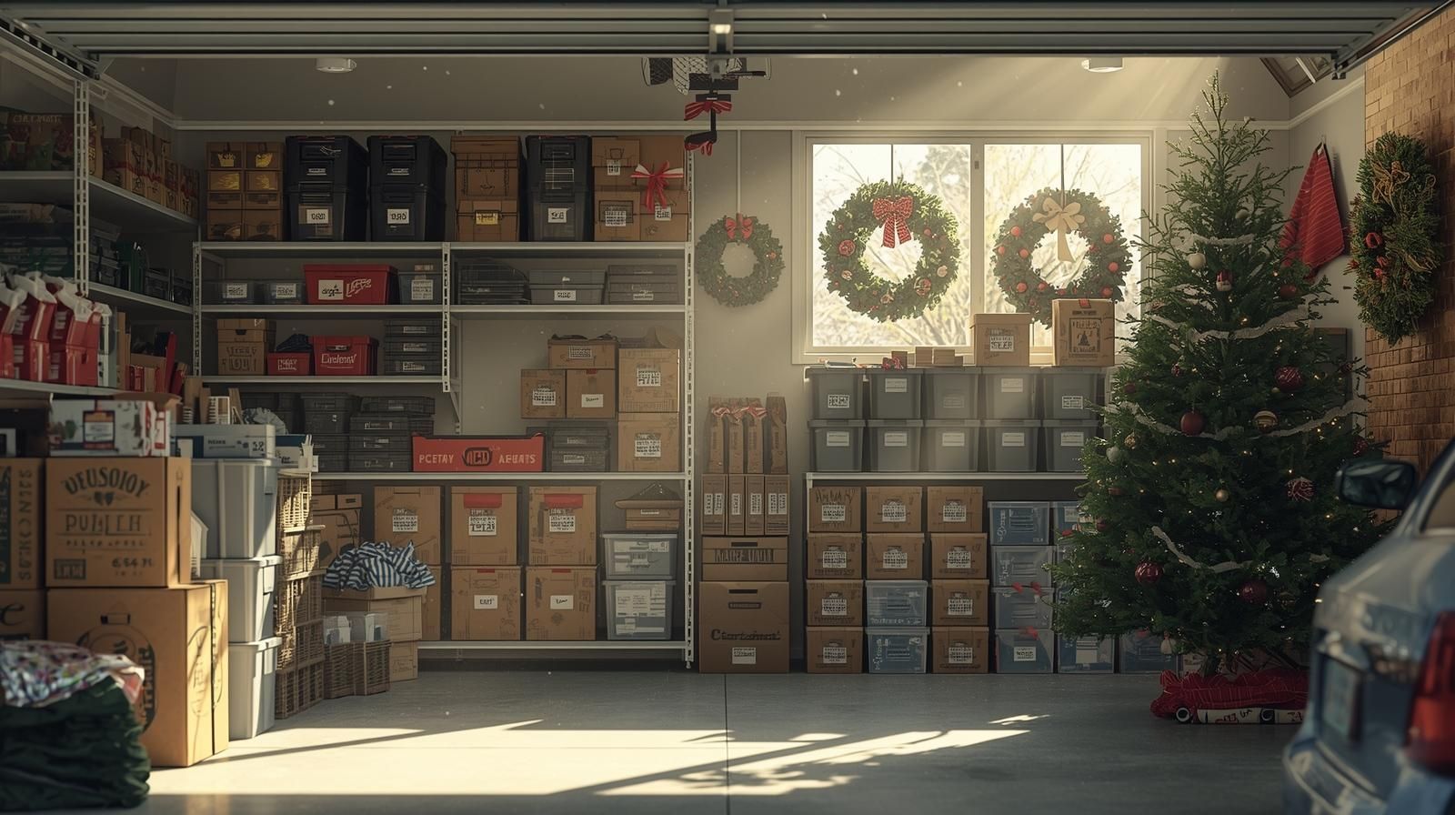Organized garage storage with labeled bins and boxed holiday decorations, including a Christmas tree