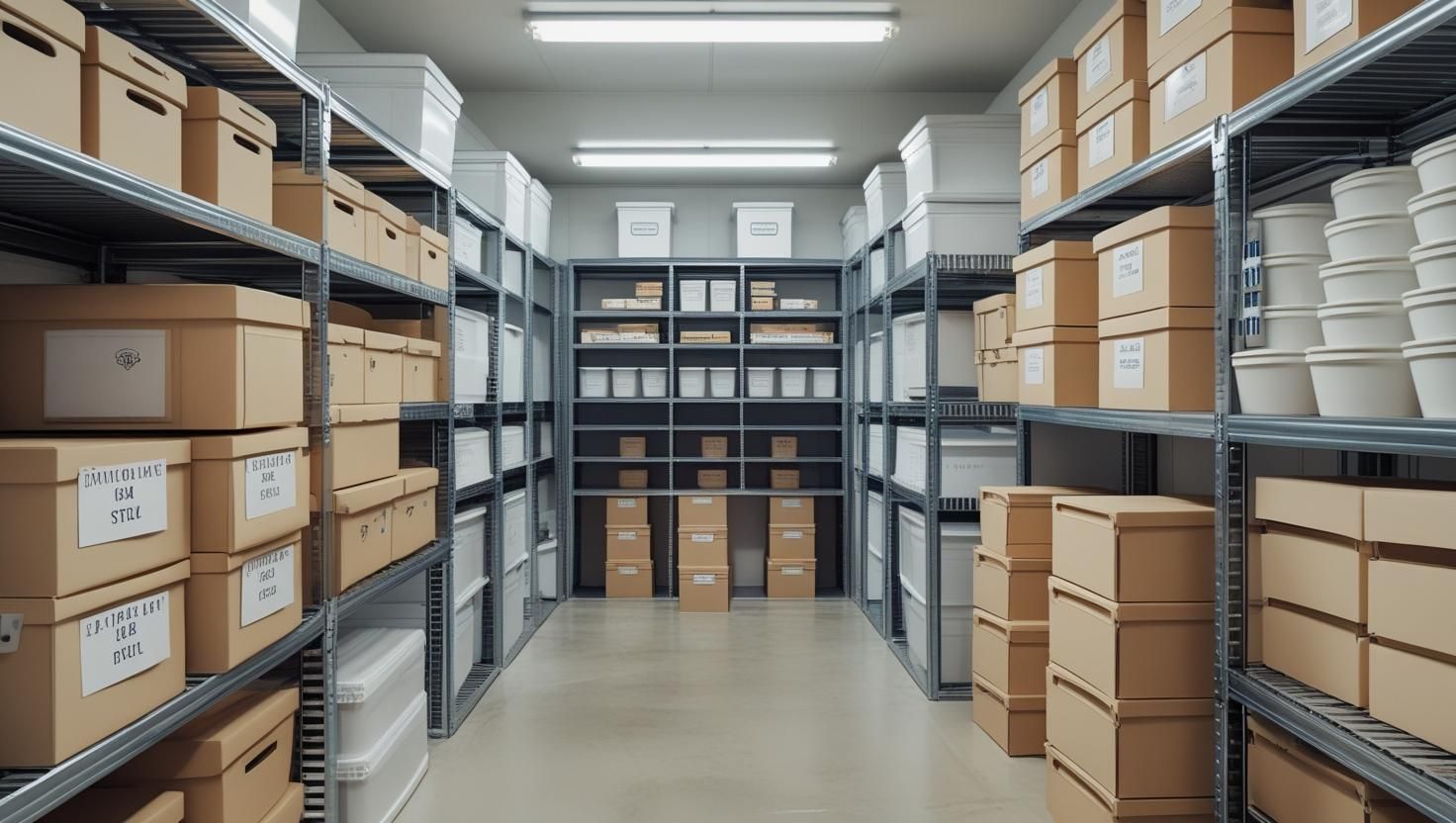 Neatly organized storage unit with shelves of labeled boxes and bins, showing efficient use of space
