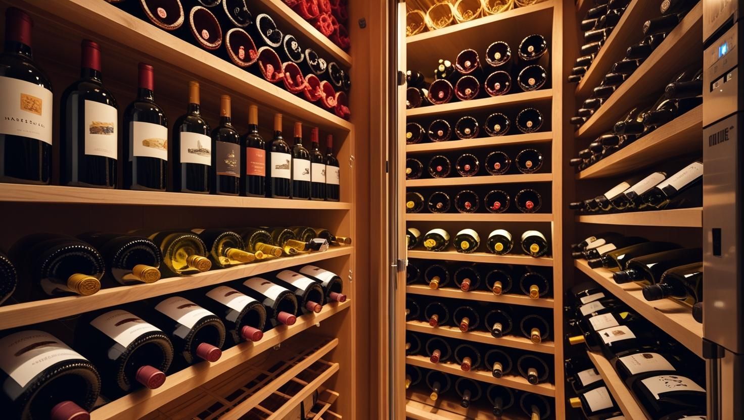 Climate-controlled storage shelves with neatly arranged wine bottles, showing proper storage 