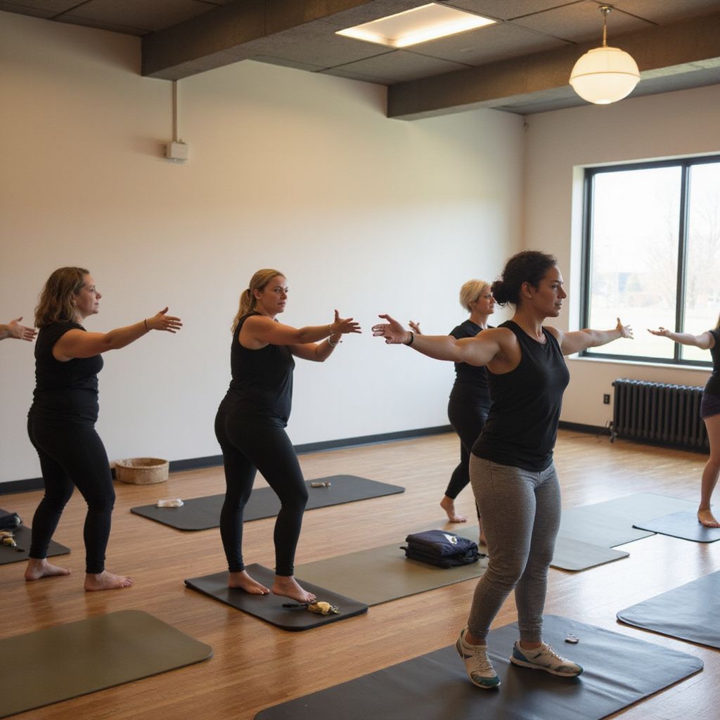 People practicing yoga in a bright studio, arms outstretched, on yoga mats.