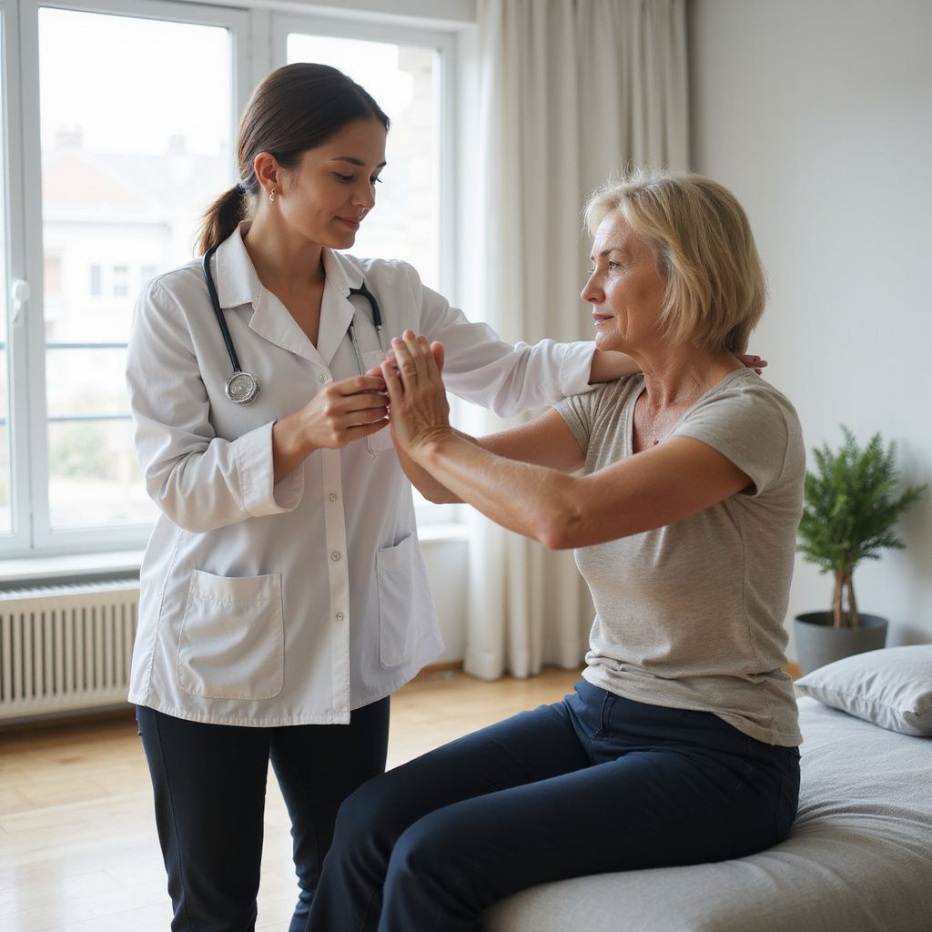 Healthcare professional assisting a patient with arm movement. Indoors, natural light.