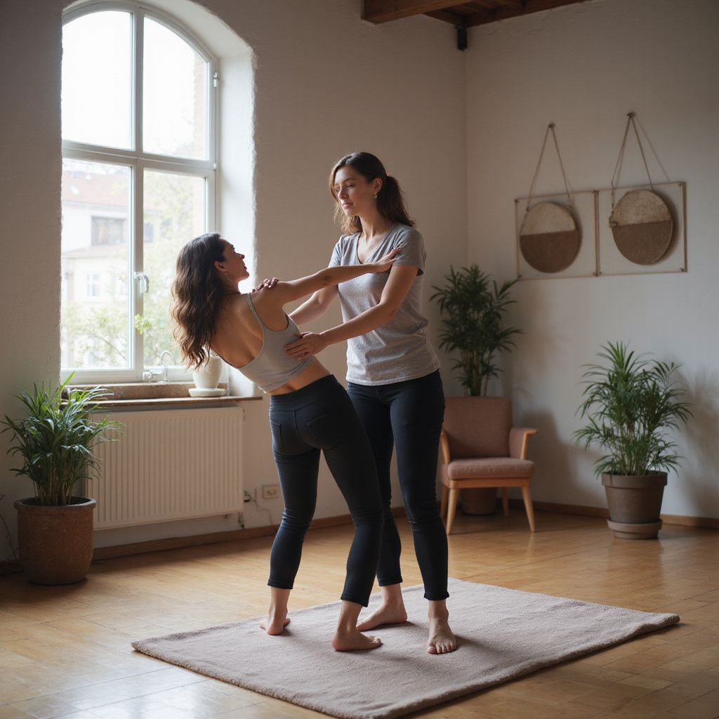 Two women practicing yoga together indoors, one bending backward as the other assists.