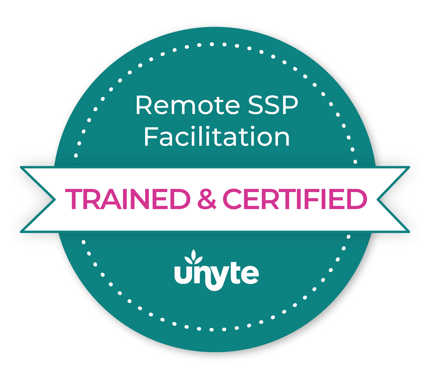 A sticker that says remote ssp facilitation trained and certified. Safe and sound protocol certification.