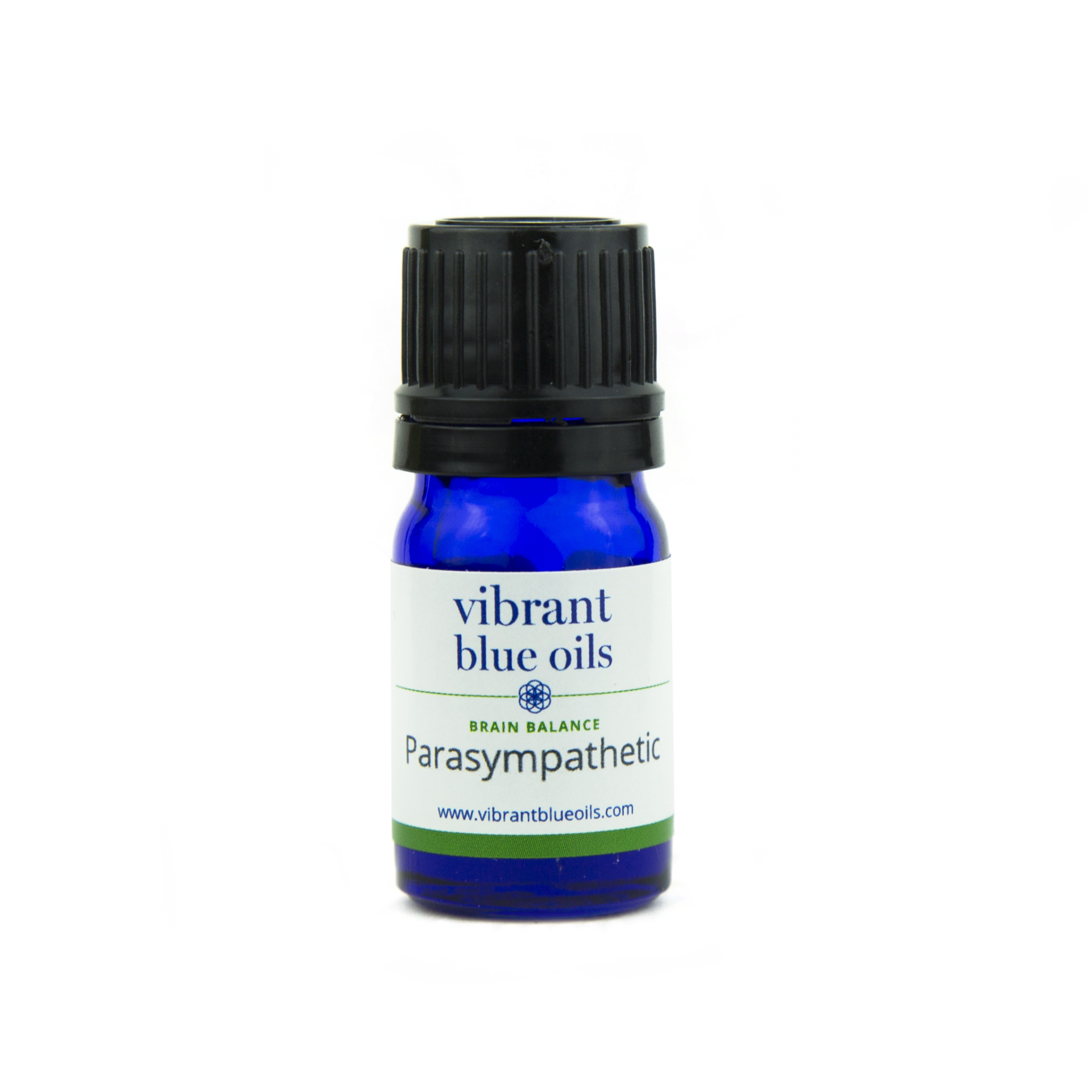 A bottle of vibrant blue oils parasympathetic on a white background.