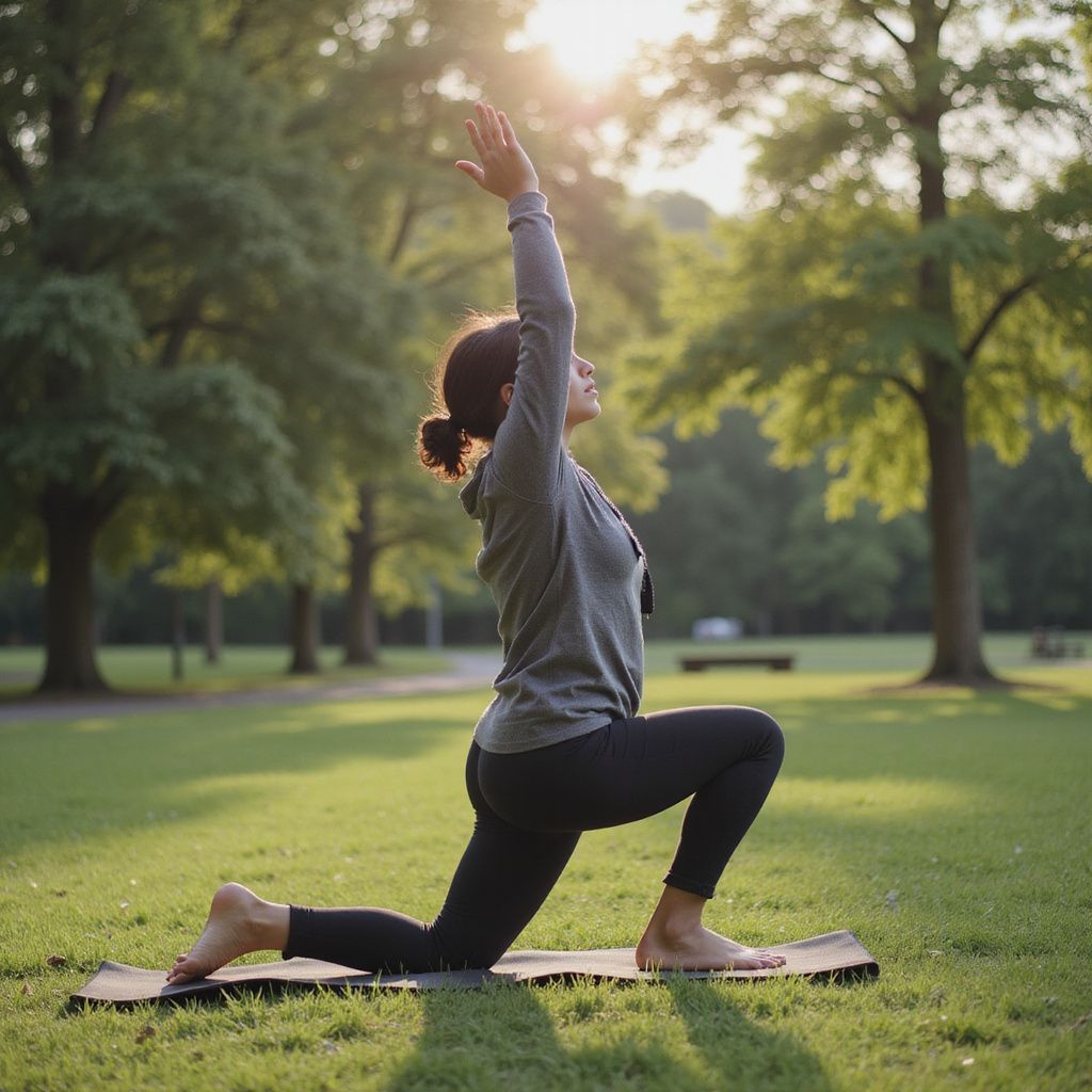 Woman doing yoga outdoors, arm raised, kneeling on a mat in a park, sunlight shining.