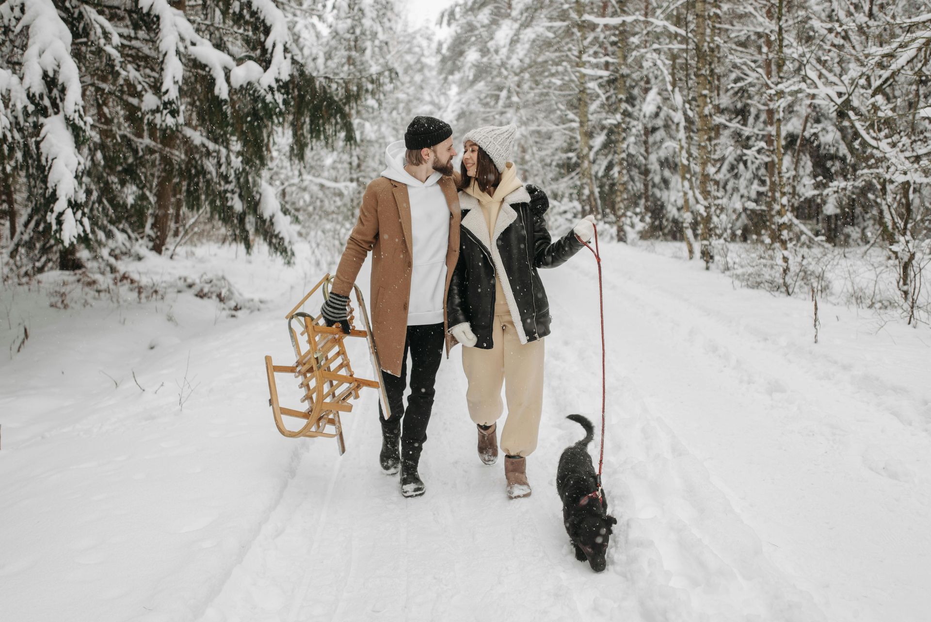 A man and a woman are walking in the snow with a dog. spending the holidays with family. 