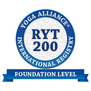 Yoga Alliance RYT 200 certification badge. Blue and white, with the text