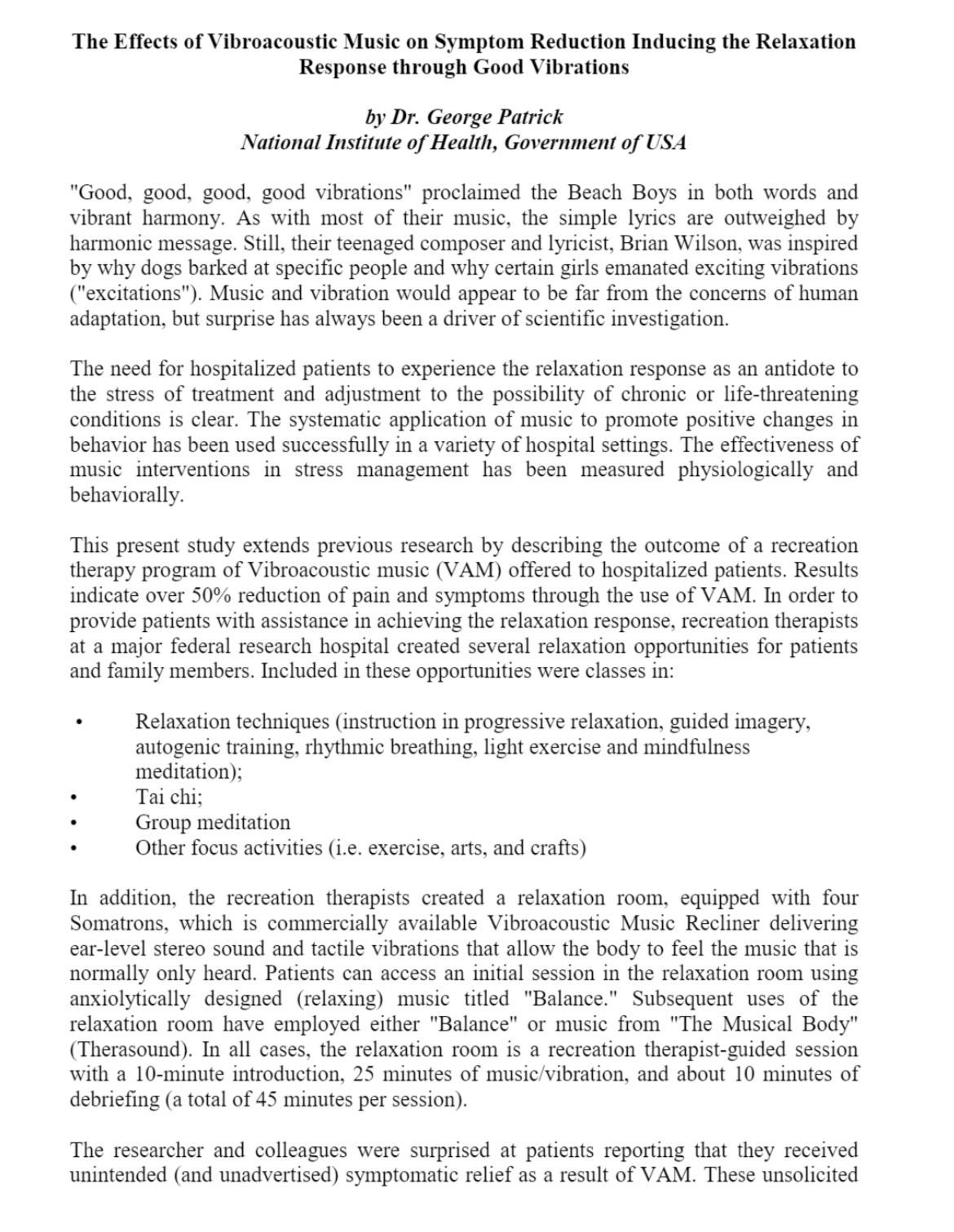 effects of Vibroacoustic Music for relaxation and symptom reduction through sound vibration healing in GrapevineTexas |Music therapy | Sound Therapy