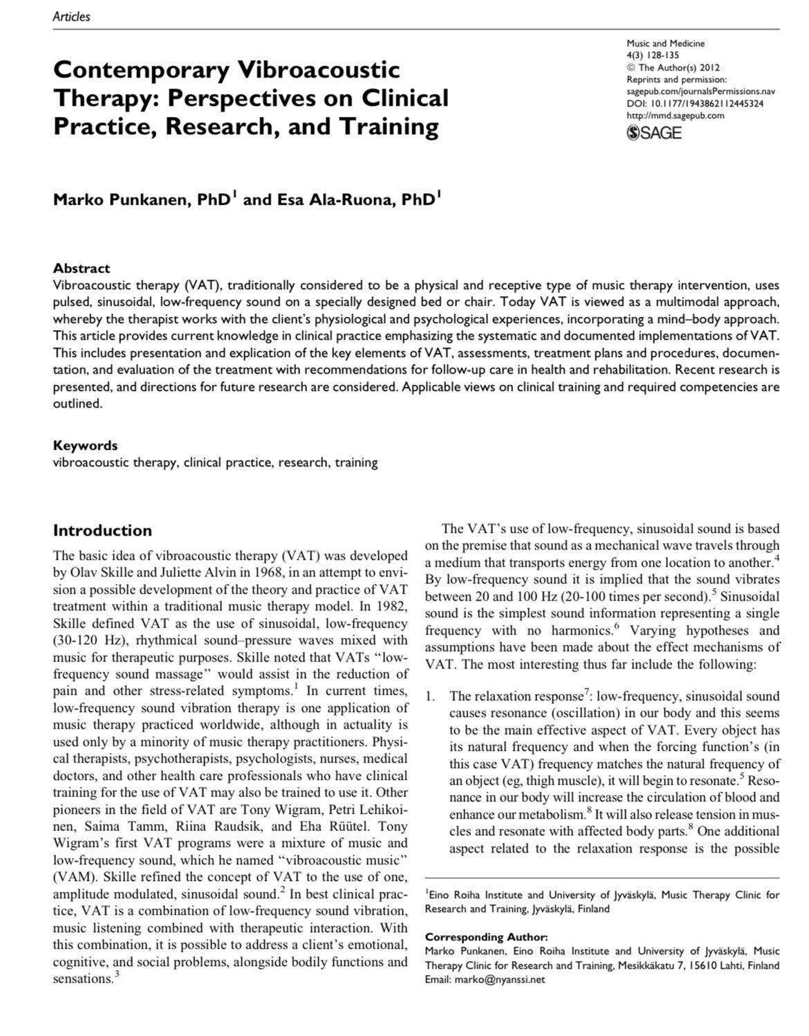 Contemporary Vibroacoustic Therapy:Perspectives on Clinical Practice, Research, and Training | Vibroacoustic Therapy in Grapevine, TX