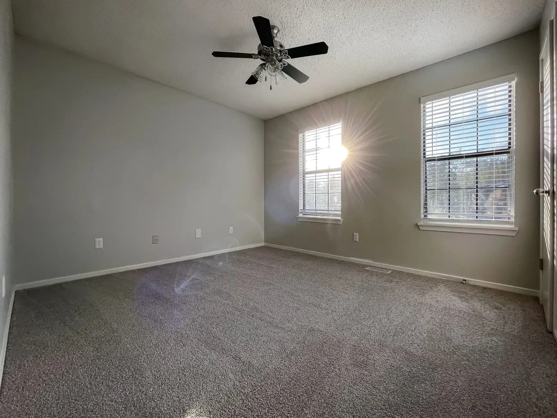 Spacious apartment room with carpet and windows at Plantation Flats in North Charleston, SC.