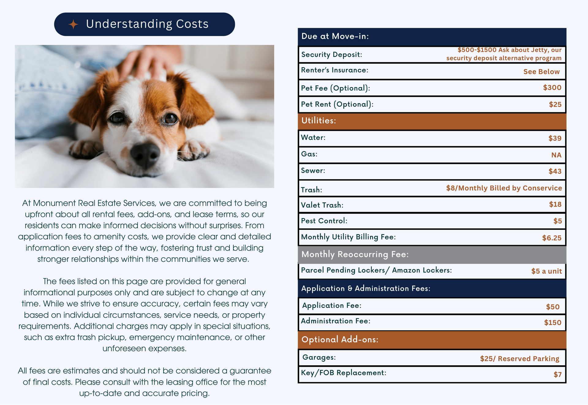 Dog lying down with fee information table.