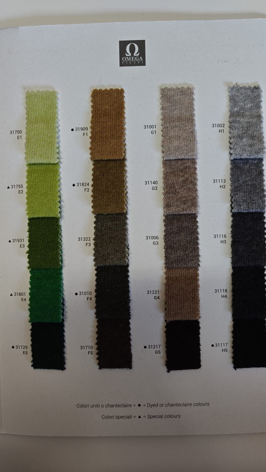 Tarjeta muestraria de telas con cuatro columnas de muestras de color texturizadas: verde, marrón, gris y negro.