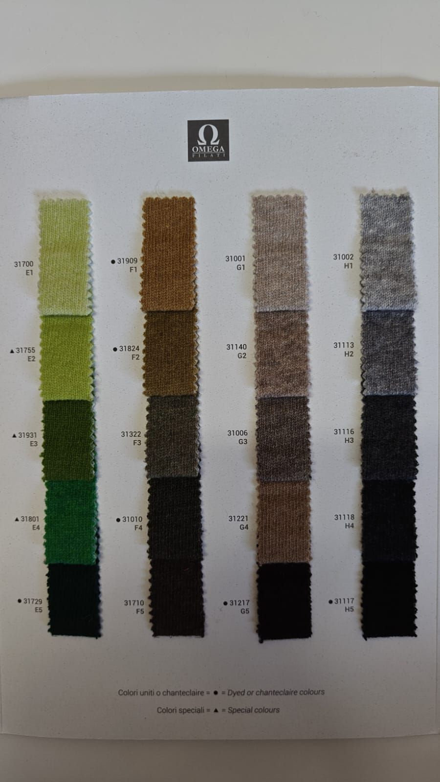 Tarjeta muestraria de telas con múltiples opciones de color dispuestas en columnas.