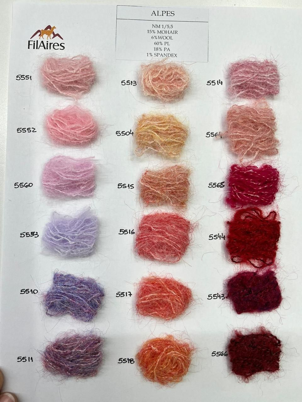 Muestras de color de hilo en tonos rosa, naranja y rojo expuestas sobre una hoja blanca.