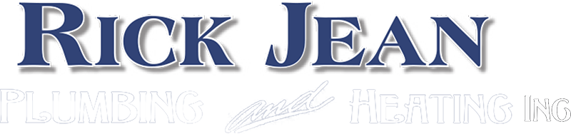 A blue and white logo for rick jean heating and cooling