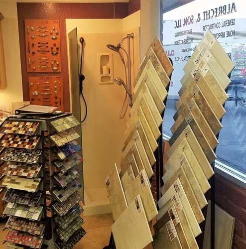 A display of tiles and hardware in a store.