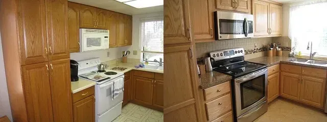 A before and after photo of a kitchen with wooden cabinets and stainless steel appliances.