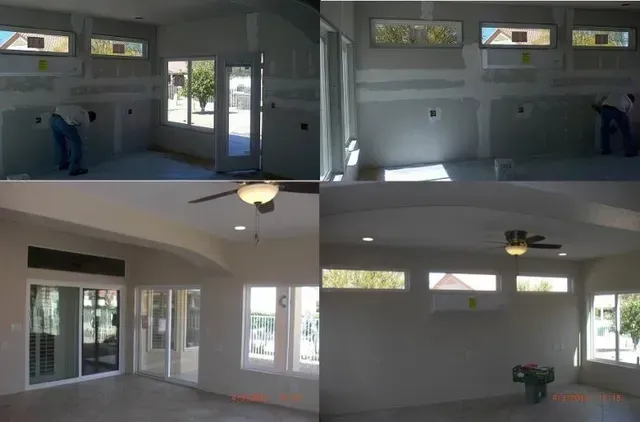 A collage of four pictures of a room with a ceiling fan.